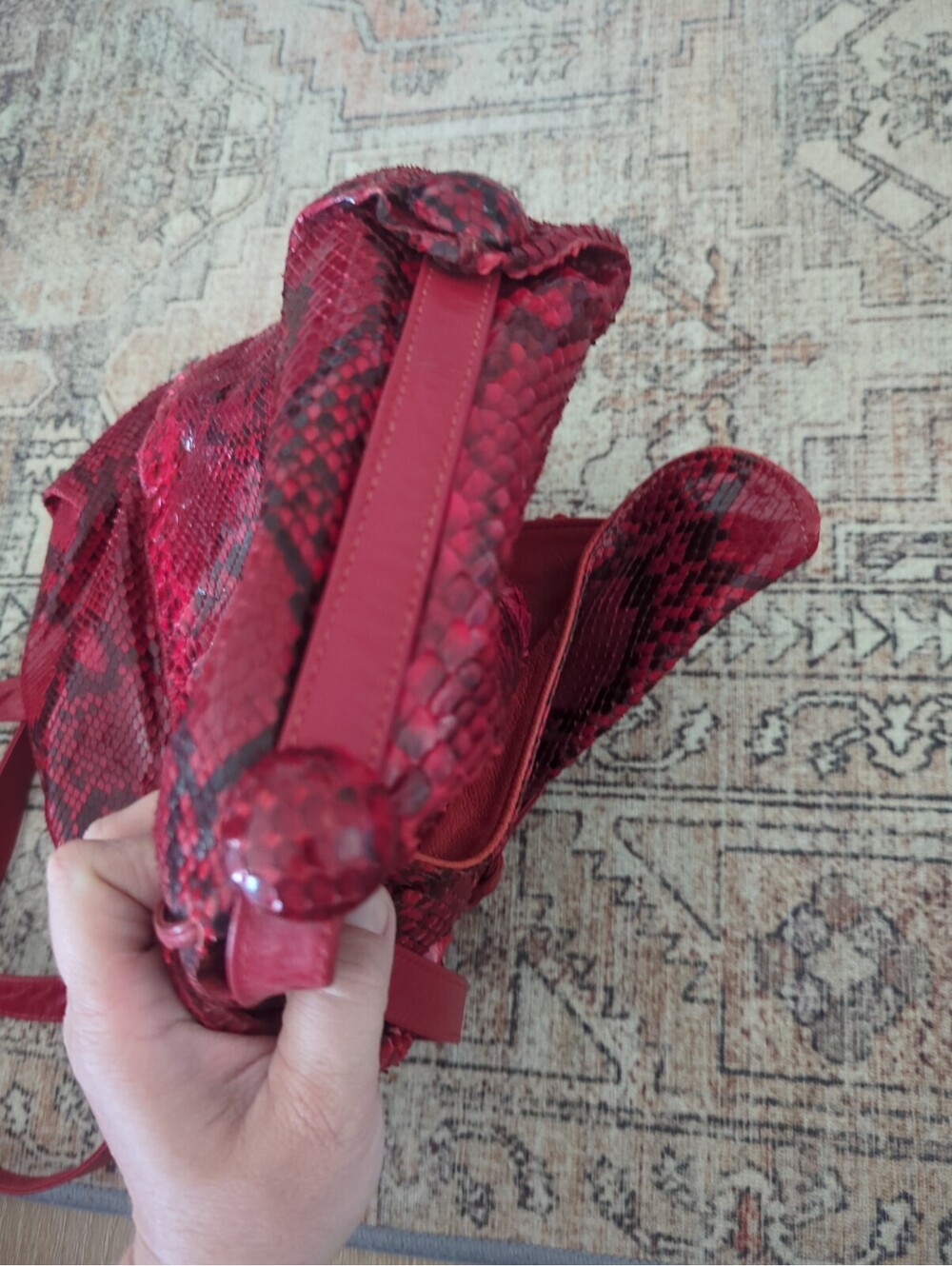 Vintage Red Carlos Falchi Python Snakeskin Leather Crossbody Butterfly Bag - Picture 10 of 16